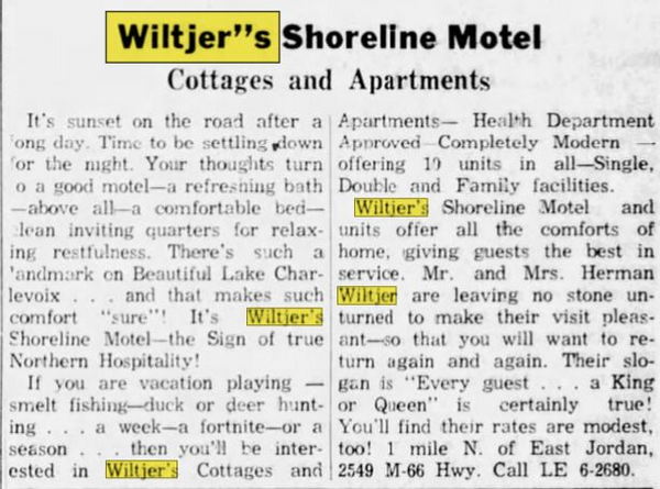 Wiltjers Shoreline Motel - Aug 1962 Ad (newer photo)